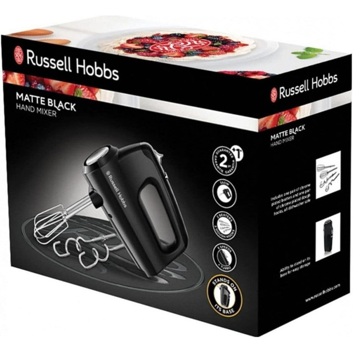 Ручний міксер Russell Hobbs Ручний міксер матовий чорний (5 швидкостей функція турбо, 2 віночки для миття посуду та гаки для тіста