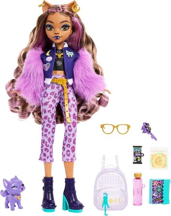 Лялька Monster High Клодін Вульф з собакою Кресентом та аксесуарами, такими як рюкзак, календар, снеки тощо, роздрібна ціна 65 HRP