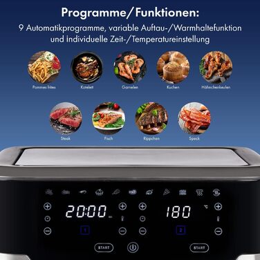 Подвійна фритюрниця ProfiCook 9 літрів XXL Двокамерна фритюрниця з гарячим повітрям Смаження на гарячому повітрі без додавання олії 9 Програми Аерофритюрниця Сенсорний екран 2400 Вт PC-FR 1242 H