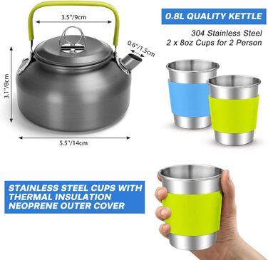 Набір посуду для кемпінгу Odoland з антипригарним покриттям, каструлями та сковорідками, чайником, мірним набором з нержавіючої сталі, чашками, тарілками, ножами, ложками, виделками для приготування їжі на свіжому повітрі, набір посуду для кемпінгу, 17 пр