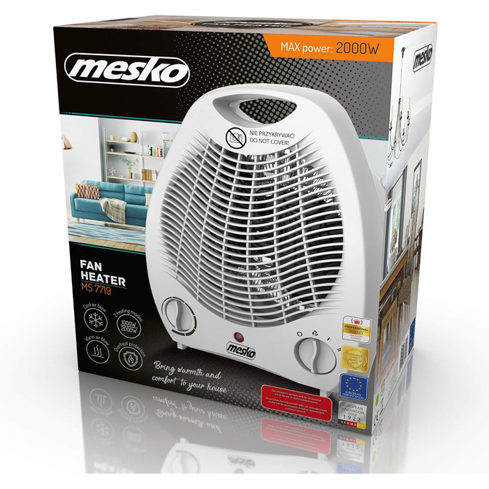 Тепловентилятор MESKO MS 7719 з 2 рівнями потужності 1000 Вт / 2000 Вт, охолодження повітря, подвійна функція, термостат, захист від перегріву, обігрівач для дому, ванної кімнати, кемпінгу, офісу
