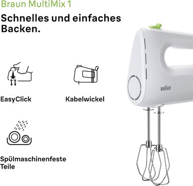 Ручний міксер Braun Household MultiMix 1 HM 1110 WH - ручний міксер з 4-ма швидкостями плюс турбо, технологія FastMix, EasyClick,