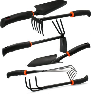 Набір садових інструментів 6 в 1 DE LUXE зі сталі 2 лопатки для квітів (6 см та 8 см), маленький грабель, комбінована сапка (подвійна сапка), культиватор, віяловий грабель (маленький віник) Компактний набір садових інструментів, 6 предметів