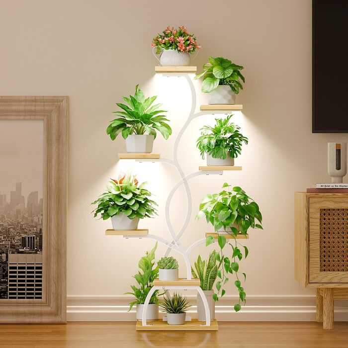 Підставка для рослин з лампою для вирощування - 8-ярусна підставка для квітів 124 см, полиця для рослин з металу та дерева - Квіткові драбини для приміщень та вулиці - Декоративна чорна квіткова підставка для балкону, біла