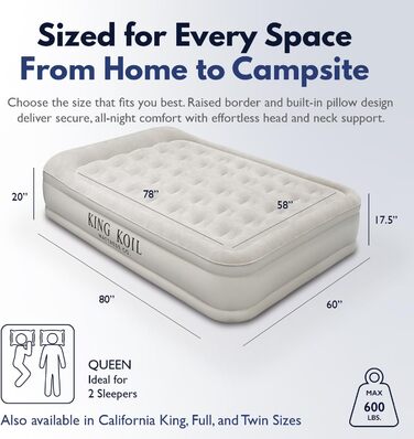 Надувний матрац KING Koil Unisex Luxury з вбудованим внутрішнім насосом 120 В змінного струму високої продуктивності, комфортною ковдрою, бежевий колір, 50,8 см