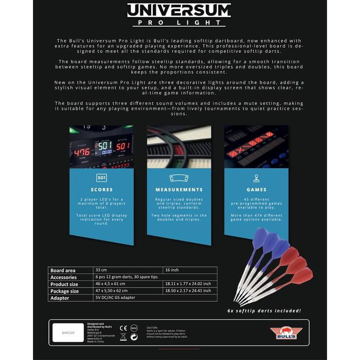 Електронна мішень для дартсу Bull&39s Universum Pro L з м&39яким наконечником світлодіодне підсвічування, 45 ігор / 474 варіації, до 8 гравців, включаючи дротики та аксесуари, чорний/білий