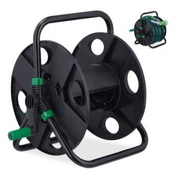 Котушка для шланга Relaxdays, для 30 м шланга 1/2, сталь, пластик, тримач шланга, 38 x 42 x 31 см, чорний/зелений