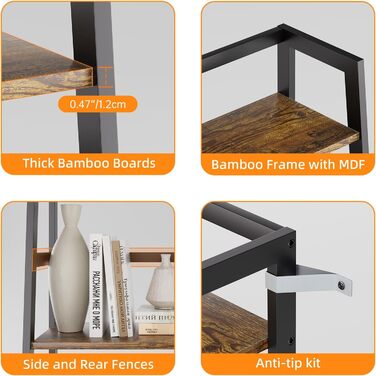 Полиця-драбина HITNET, 4-рівнева книжкова полиця, окремостояча полиця, компактна відкрита полиця для ванної кімнати, підставка для рослин, рустикальний коричневий та чорний колір