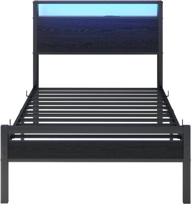 Ліжко HOJINLINERO з металу та дерева, металеве ліжко 90x200 з рейковою основою та функцією заряджання через USB/LED, односпальне ліжко, гостьове ліжко, дитяче ліжко 90x200 з узголів&39ям для зберігання речей, каркас ліжка з місцем для зберігання речей, чо