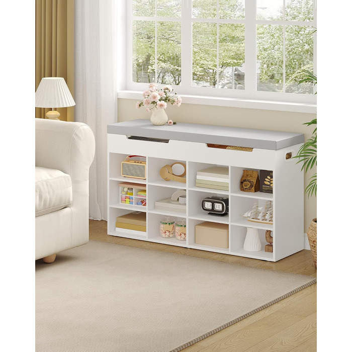 Лавка для взуття Hzuaneri, полиця для взуття із сидінням, лавка для зберігання, 12 відділень, знімні полиці, підходить для вітальні, коридору, входу, 30 x 100 x 55 см, білий SB53503GY