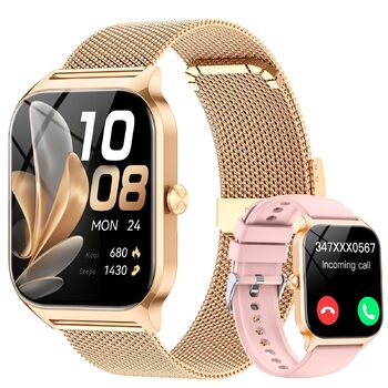 Жіночий смарт-годинник CASCHO з функцією телефону, 1,85-дюймовий HD-годинник з монітором серцевого ритму, SpO2, крокоміром для сну, 120 спортивних режимів, фітнес-годинник, золотистий та світло-рожевий