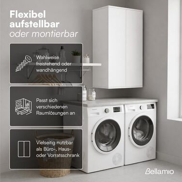 Багатофункціональна шафа Bellamio Ais, ширина 60 см вузька шафа для документів побутова шафа з 3 відділеннями білого кольору універсальна шафа 110 60 33 см настінна шафа з дверцятами, що відкриваються натисканням шафа для взуття, біла, 3 відділення