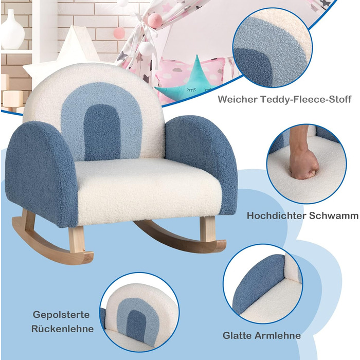Дитячий диван COSTWAY, дитяче крісло-гойдалка, крісло-ведмедик, оксамитовий матеріал та ніжки з масиву дерева, дизайн із захистом від перекидання, міні-крісло для дитячої кімнати, дитяче крісло для малюків 3-5 років (синє)