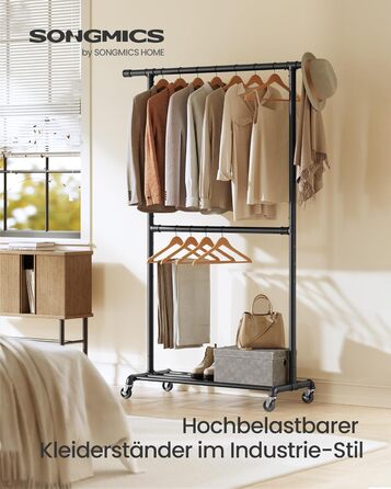 Вішалка для одягу в індустріальному стилі, вантажопідйомність до 110 кг, шафа-стійка на колесах, 2 шт. анги для одягу, виготовлена з металу, міцна, для демонстрації в магазині, чорна HSR62BK