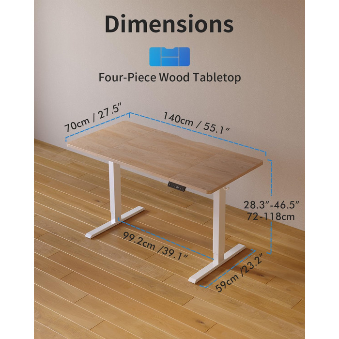 Стіл FEZIBO з регульованою висотою та портами зарядки USB-A та USB-C, 140 x 70 см, Електрично регульований стіл з висотою, Ергономічний стіл для домашнього офісу з можливістю роботи сидячи та стоячи, Стіл для роботи стоячи, Дуб, 140 x 70 см