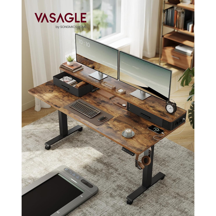 Електричний стіл з регулюванням висоти VASAGLE, 140 x 60 см, вінтажний коричневий, з підставкою для монітора