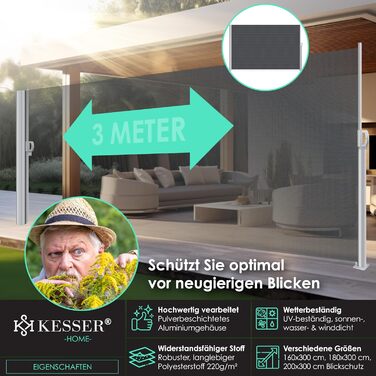 Алюмінієва бічна маркіза KESSER, розсувна та непрозора, 300 x 180 см Захист від вітру та приватності в саду з автоматичним механізмом згортання для балкона та патіо Бічна штора, включаючи дощовик з настінним кріпленням, темно-сіра, 300 x 180 см