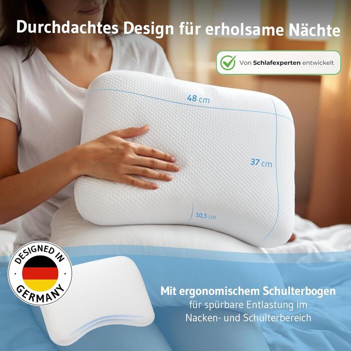 Подушка для шиї Third of Life Liora, ергономічна подушка з піни з ефектом пам&39яті, подушка для сну на боці 48x37x10,5 см із захистом від алергії, подушка для підтримки шиї з вигином плеча, біла