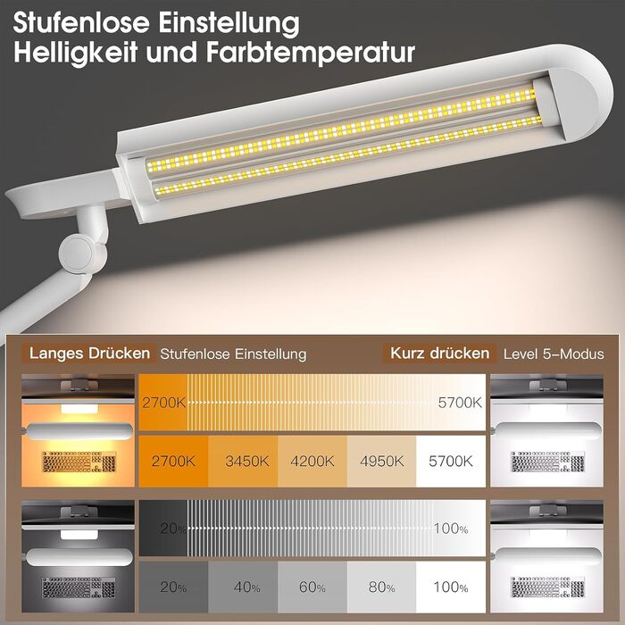 Настільна лампа AmazLit, світлодіодна настільна лампа 1100 люмен із затискачем Поворотний кронштейн Architect Lamp 18 Вт Висока яскравість без відблисків Захист очей Офісна лампа Багаторазове освітлення/функція, білий