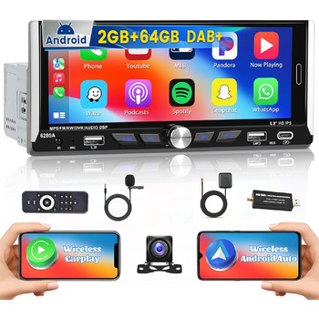 Автомобільне радіо Hikity DAB/DAB з навігацією 1Din з бездротовим Carplay Android Auto, Android 13 6,9-дюймовий сенсорний екран Din 1 Radio з GPS WiFi Bluetooth Mirror Link FM AUX TF USB SWC Камера заднього виду, 2G64G