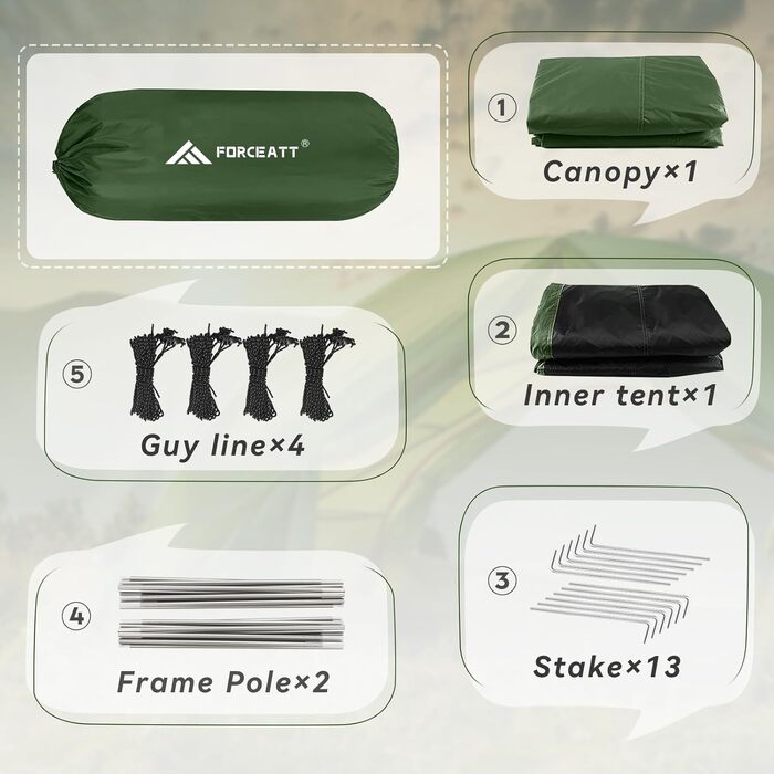 Намет Forceatt для кемпінгу на 2-4 особи, водонепроникний, 3-4 сезони, надлегкий намет з невеликим розміром у пакувальному спорядженні, купольний намет, миттєве встановлення, для трекінгу, активного відпочинку, фестивалів, 2 особи - темно-зелений