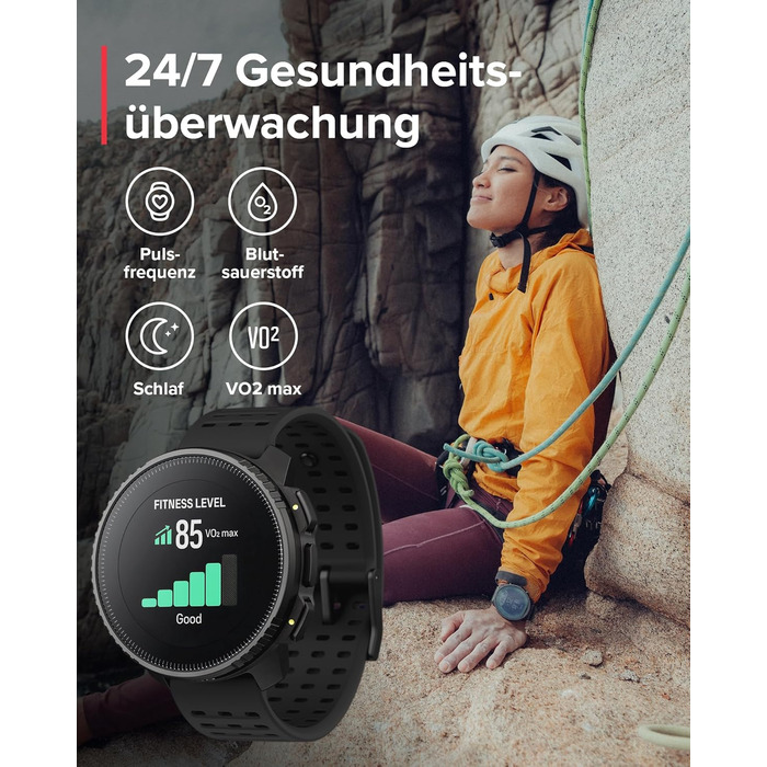 Годинник SUUNTO Vertical Adventure смарт-годинник із GPS, двочастотна GPS-навігація, безкоштовні офлайн-карти, сонячна зарядка, час роботи від батареї до 65 днів, корпус військового класу, водонепроникність 100 м, повністю чорний вертикальний корпус