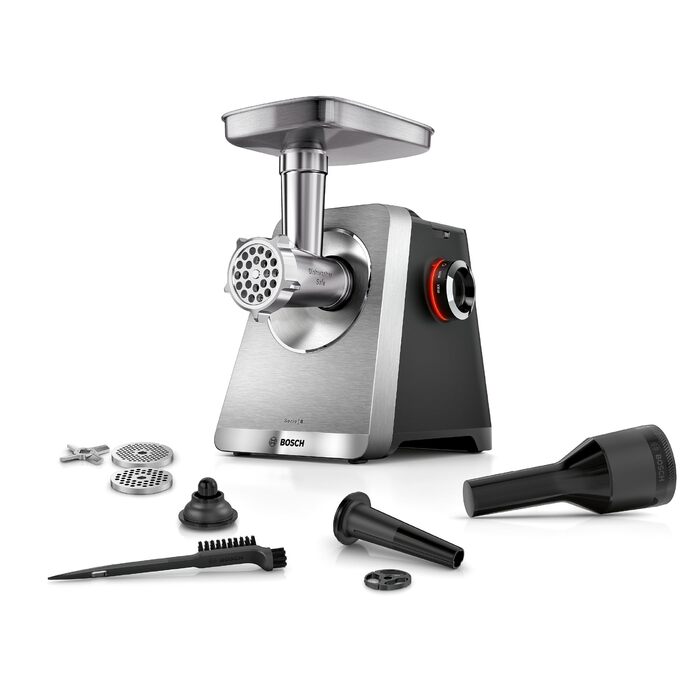 Електрична м'ясорубка Bosch MultiPower Serie 8 MFWS820M, 2500 Вт, нержавіюча сталь, 3 диски (3/4.5/8 мм), насадки для кеббе та ковбас, придатна для миття в посудомийній машині