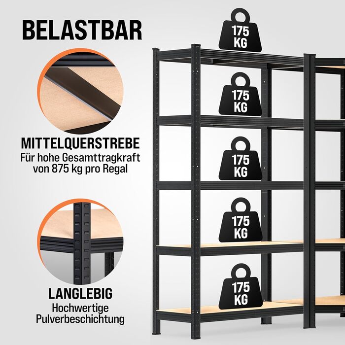 Комплект із 3 кутових стелажів Monzana, міцний, вантажопідйомність 2625 кг, 15 полиць з МДФ, полиця для зберігання, полиця для підвалу, стелаж без ригелів, полиця для майстерні, система стелажів, чорний