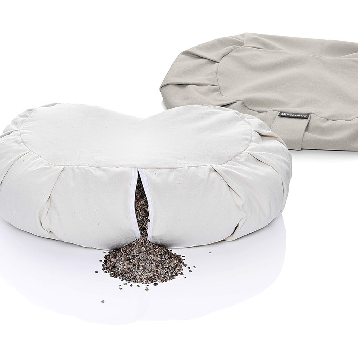 Подушка для йоги BODYMATE Half Moon, 42 см завдовжки, 30 см завширшки та 15 см заввишки, з наповнювачем з гречаної лушпиння Чохол, який можна прати в пральній машині, виготовлений зі 100 надтовстої бавовни Подушка для медитації Подушка сидіння, світло-сір