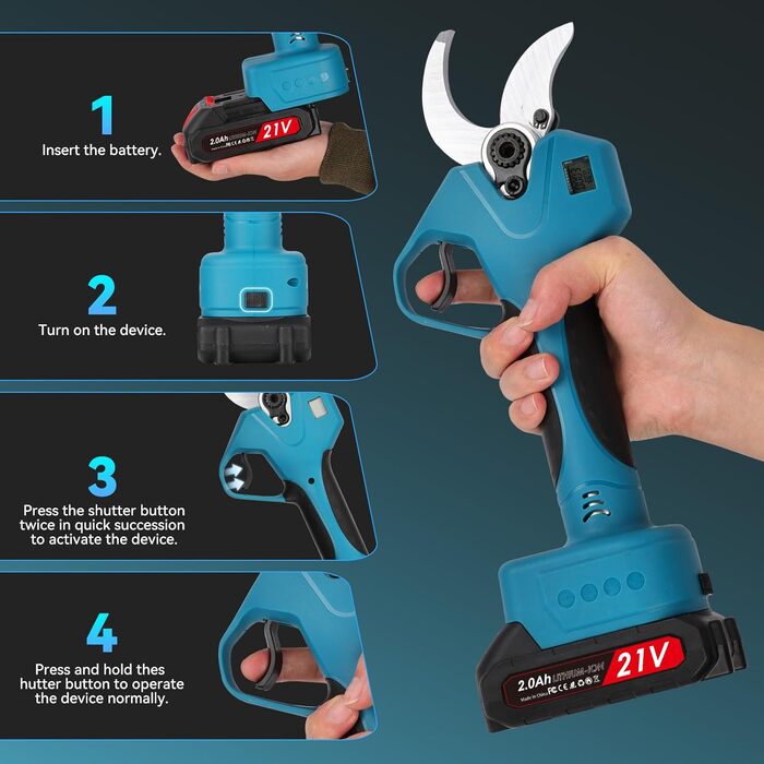 Акумуляторні садові ножиці 40 мм Акумуляторні садові ножиці з дисплеєм, 2000 мАг x2, для садівництва, винограду, фруктових дерев, живоплотів та дерев, сині 40 мм Дисплей