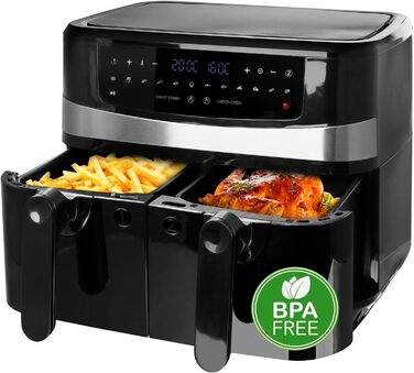Цифрова ПОДВІЙНА фритюрниця Emerio Фритюрниця Смаження гарячим повітрям без додаткової олії 2 шт. 5,0 л об'ємом 12 програм без бісфенолу А функція SMART FINISH (обидві завершені одночасно) AF-126672.4 2x4.5 літрів