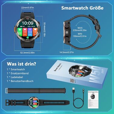 Військовий смарт-годинник для чоловіків, годинник для активного відпочинку на природі зі 100-денним часом автономної роботи/дзвінки через Bluetooth/ліхтарик/компас/пульсометр/монітор сну SpO2/100 спортивних режимів, фітнес-трекер/2 браслети/IP68, годинник