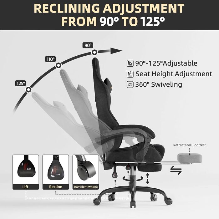 Ергономічне ігрове крісло Ferghana, дихаюче офісне крісло з високоякісної тканини, комп&39ютерне крісло з регульованим підголівником та поперековою подушкою, підлокітники, підставка для ніг, гоночне ПК-крісло, чорне