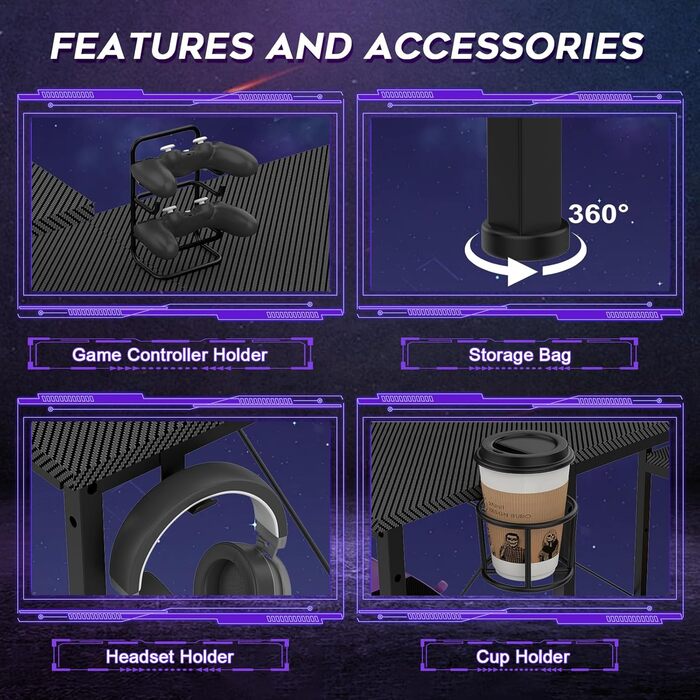 Ігровий стіл 210 x 50 см з розеткою та USB-портом, 3 варіанти встановлення, L-подібний ігровий стіл з полицею для монітора, ігровий стіл для ПК з карбоновою поверхнею