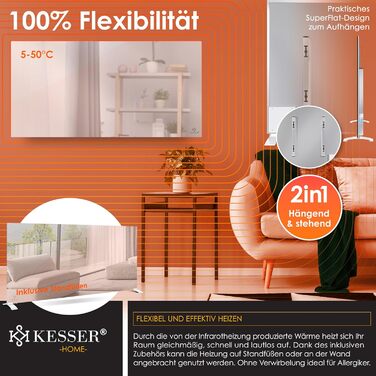 Інфрачервоний обігрівач KESSER потужністю 600 Вт для дзеркал, енергозберігаючий електричний обігрівач 2-в-1, окремостоячий та настінний, з датчиком відкритого вікна дистанційним керуванням та керуванням через додаток, термостат, інфрачервона нагрівальна п