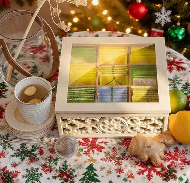 Вінтажна чайна коробка - Дерев&39яна коробка для зберігання чайних пакетиків - Коробка для чайних пакетиків з оглядовим віконцем - Чайний ящик з 9 відділеннями - Колір &quotшеббі-білий&quot