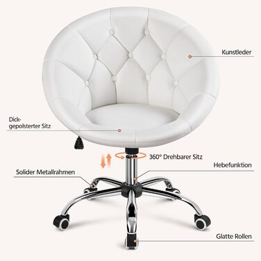 Крісло Yaheetech, Туалетне крісло, Крісло для домашнього офісу, Офісне крісло, Офісне крісло з регульованою висотою та м&39яким сидінням, Кругле поворотне крісло з колесами, Робоче крісло зі штучної шкіри, Біле