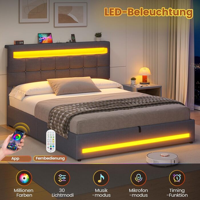 М&39яке ліжко AOGLLATI 140 x 200 зі світлодіодним освітленням та зарядною станцією, каркас ліжка з регульованим по висоті узголів&39ям та місцем для зберігання, гідравлічне ліжко 140 x 200 см, рейкова основа, льон, без матраца, темно-сірий 140 x 200 см те