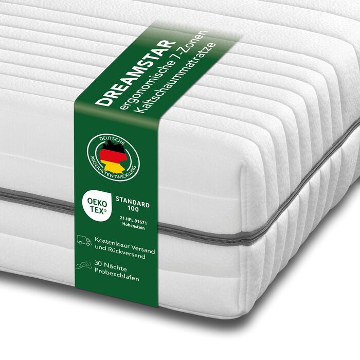 Матрац DREAMSTAR Vital Silver XXL з холодної піни, висота 24 см Ергономічний 7-зонний матрац, 90 x 200 см, рівень жорсткості H3 Гіпоалергенний та антибактеріальний Знімний чохол, який можна прати Сертифіковано Oeko-Tex (24 см, 90 x 200 см) H3 90 x 200 см