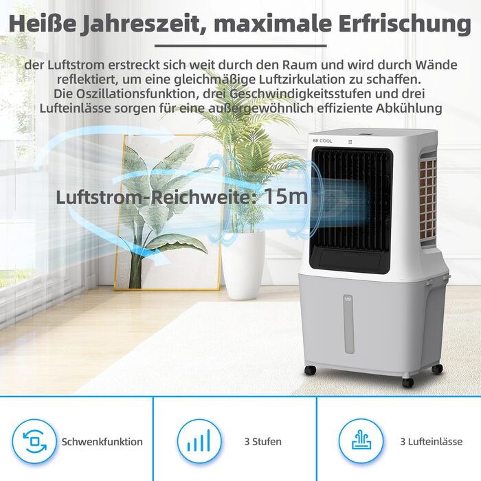 Повітряний охолоджувач 30л резервуар для води 120 Вт Керування WiFi Циркуляція повітря 1800 м/год Дальність дії 15 м Функція осушення LED-дисплей Таймер Пульт дистанційного керування BC30ACP2501W