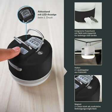 Туристичний ліхтар Skandika Tarfala Світлодіодний ліхтар, акумуляторний, плавне регулювання яскравості, гачок для підвішування, USB-порт, портативний зовнішній акумулятор 3600 мАг, теплий білий, холодний білий, 110 годин автономної роботи Ліхтар для намет