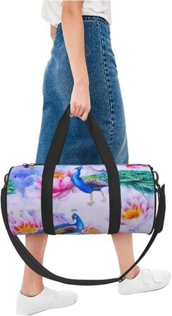 Спортивна сумка для подорожей, стильна з принтом павича та лотоса, дорожня сумка на ніч, чорна, універсальний розмір