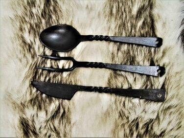 Середньовічний набір столових приборів, кована сталь ручної роботи, ніж, виделка, ложка 4261