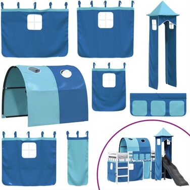 Дитяче ліжко-горище з вежею синє 80x200 см з масиву сосни