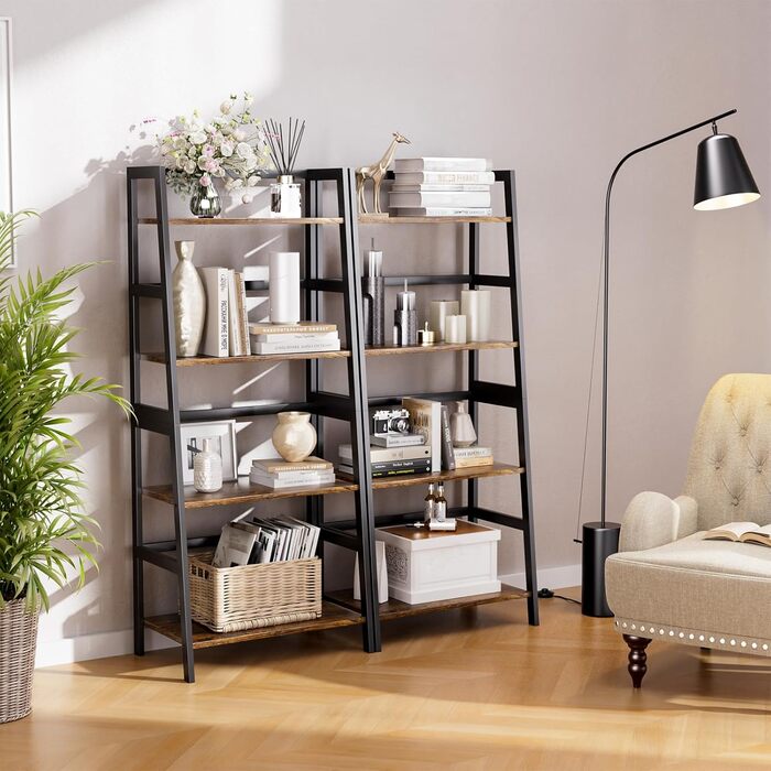 Полиця-драбина HITNET, 4-рівнева книжкова полиця, окремостояча полиця, компактна відкрита полиця для ванної кімнати, підставка для рослин, рустикальний коричневий та чорний колір