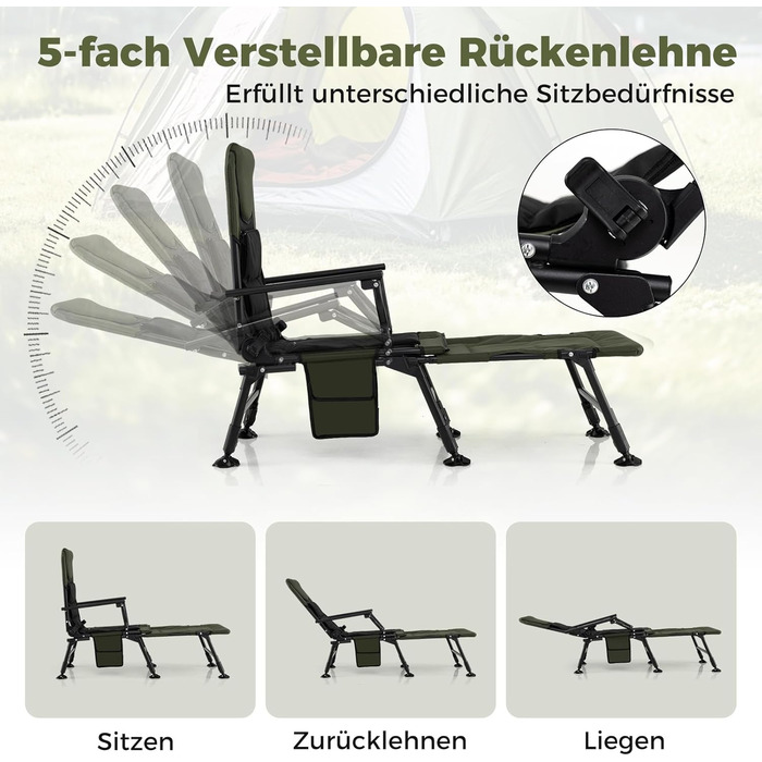 Рибальське крісло COSTWAY зі знімною підставкою для ніг, кемпінгове крісло з регульованою спинкою та м&39якою високою спинкою, регульоване по висоті коропове крісло, складне рибальське крісло для кемпінгу, риболовля в наметі