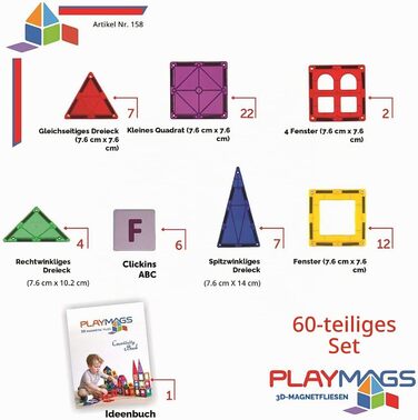 Магнітний конструктор Playmags, набір із 60 деталей з літерами ABC, STEM-іграшка для розвитку хлопчиків, дівчаток та малюків