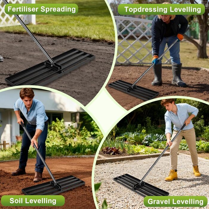 Гребінь для вирівнювання газону з нержавіючої сталі 76x25 см, з ергономічною регульованою ручкою 194 см, для видалення сміття, піску та вирівнювання газону в саду, на гольф-полі та подвірї
