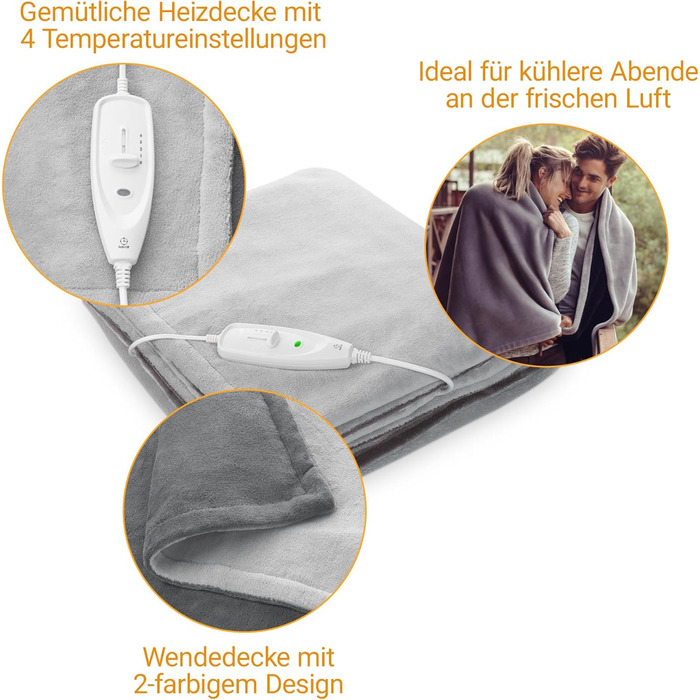 М&39яка ковдра з підігрівом medisana HDW, електрична ковдра з підігрівом, яку можна прати, з автоматичним вимиканням, 4 температурні режими, двосторонній 2-колірний дизайн, сірий/темно-сірий, 180 x 130 см