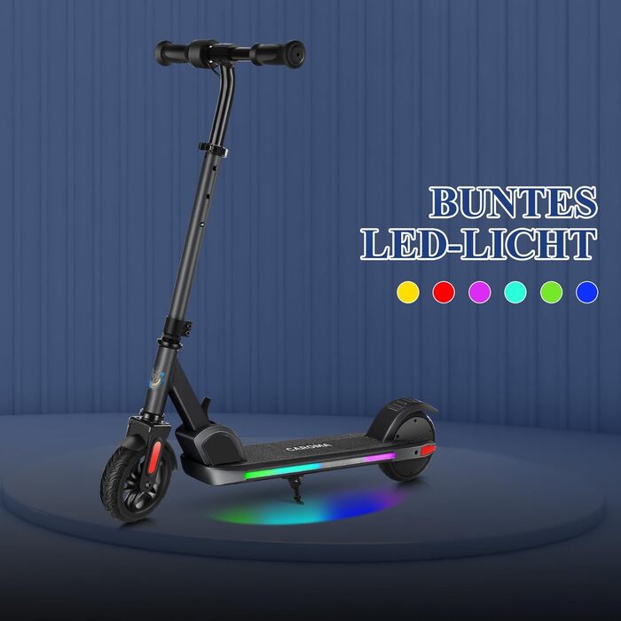 Електросамокат Caroma для дітей віком 8-12 років, двигун 180 Вт, 16 км/год, час їзди 60 хв, регульована швидкість та висота, різнокольорове підсвічування, світлодіодний дисплей, складаний дитячий електросамокат, новий чорний